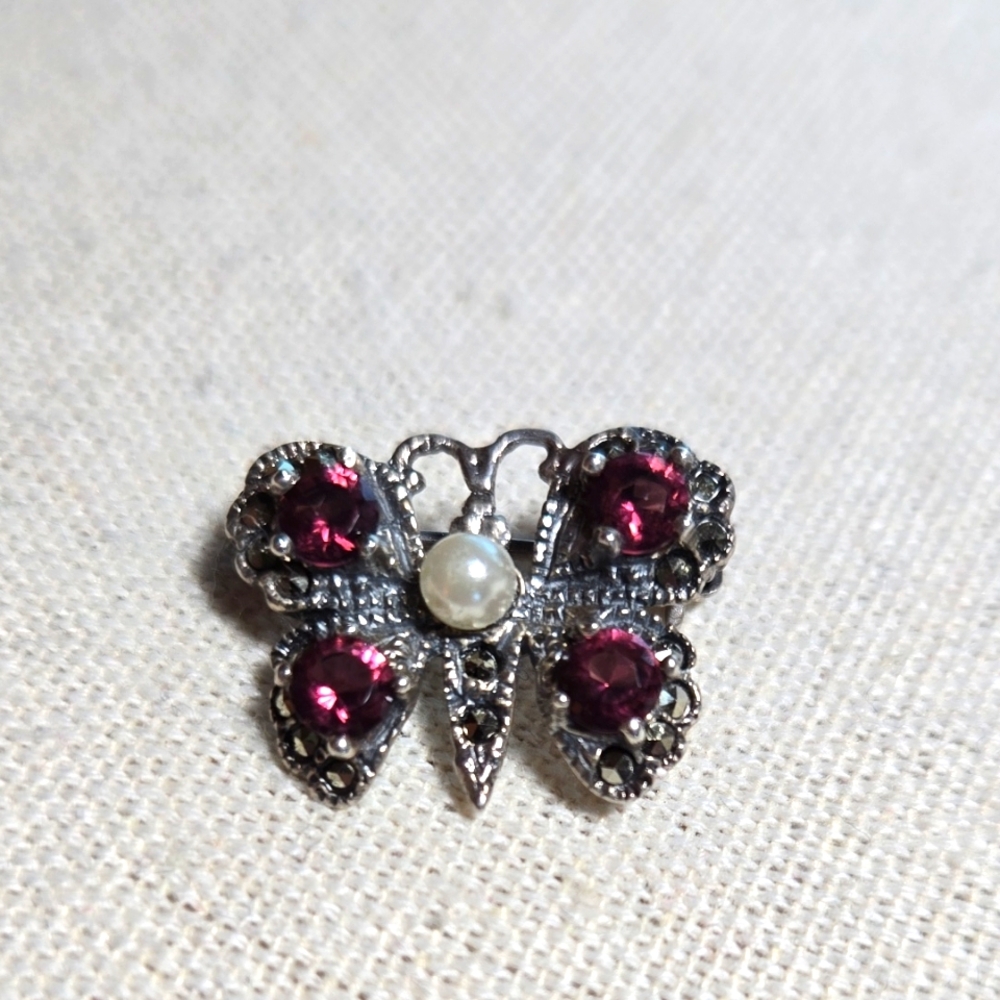 Sterling Silver Butterfly Brooch  Cranberry Glass Stones Faux Pearl